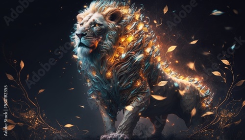 mighty fantasy lion with flames and glowing light. Created with Generative AI. © lchumpitaz