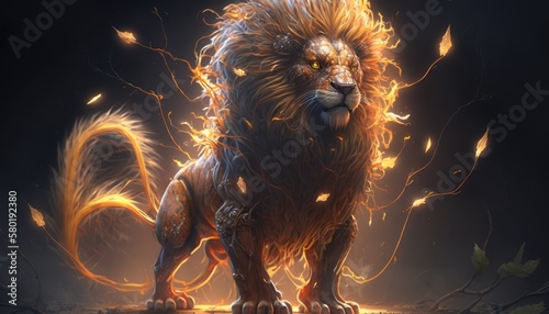 mighty fantasy lion with flames and glowing light. Created with Generative AI.