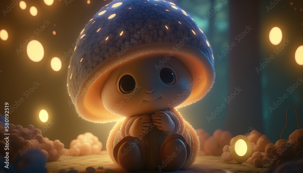 adorable cute mushroom glowing in a forest big bright. Created with generative AI.