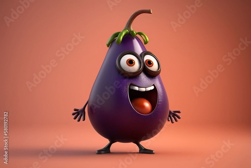 Funny aubergine cartoon character. Generative AI. photo