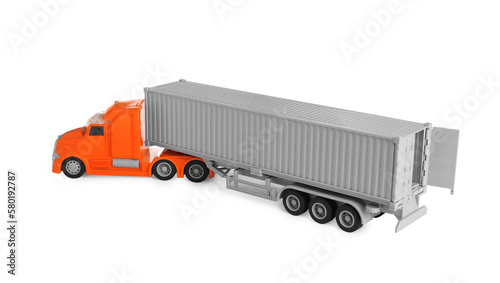Toy truck with open container isolated on white. Export concept