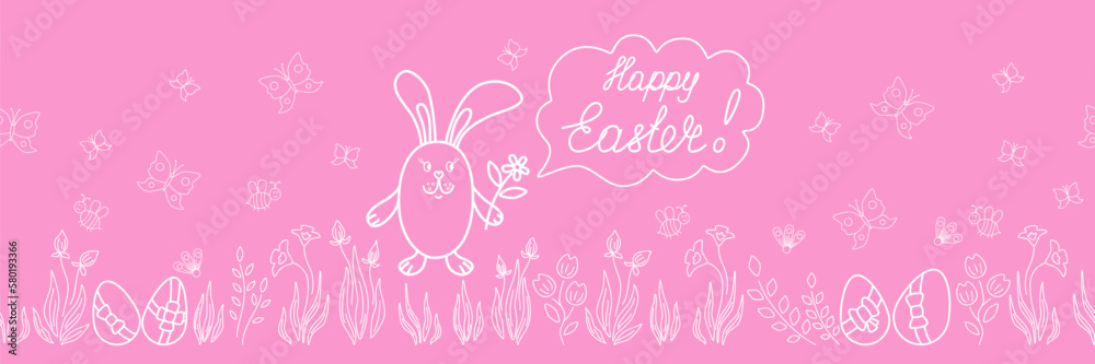 Easter border with rabbit, lettering Happy Easter in the speech bubble, flowers, bee, butterflies. Cute seamless border for greeting or invitation card, web banner orother design. Vector illustartion.