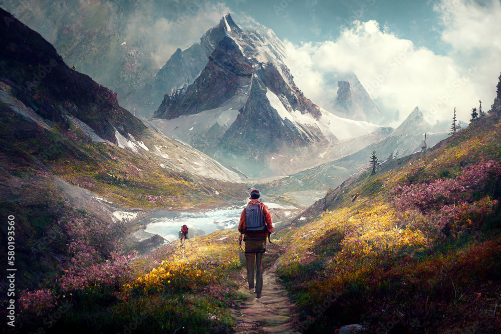 Person going on a hike in the mountains as winter becomes spring, change of seasons