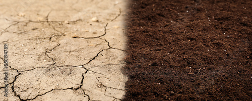 Billede på lærred Dry cracked ground and fertile soil, banner design