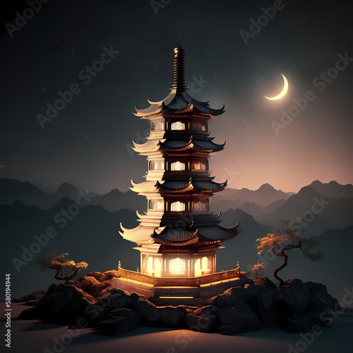 Pagoda Illustration. Generative AI