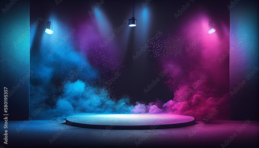 The dark stage shows empty dark blue purple pink background Ai generated image