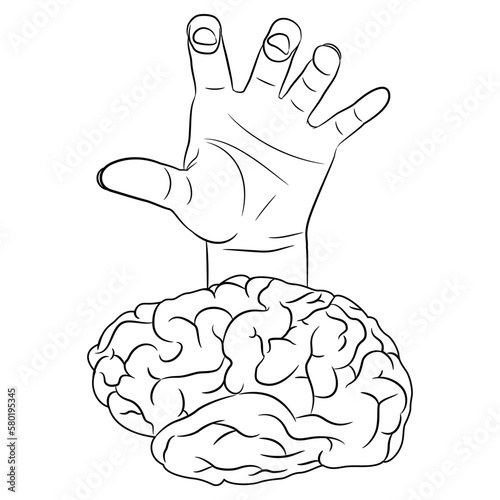 Hand with clenched fingers emerging from human brain. Creative concept. Aggressive ideas. Black and white linear silhouette.