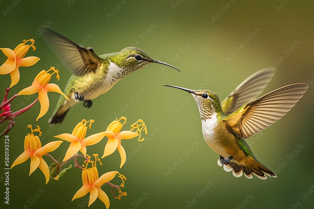 Fototapeta premium Two hummingbirds, one of which is a White tailed Hillstar (Urochroa bougueri), hovering over a ping flower against a green and yellow background in a natural setting in Montezuma, Colombia. Generative
