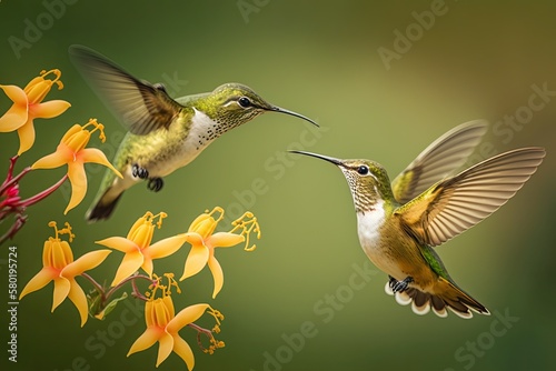 Two hummingbirds, one of which is a White tailed Hillstar (Urochroa bougueri), hovering over a ping flower against a green and yellow background in a natural setting in Montezuma, Colombia. Generative photo
