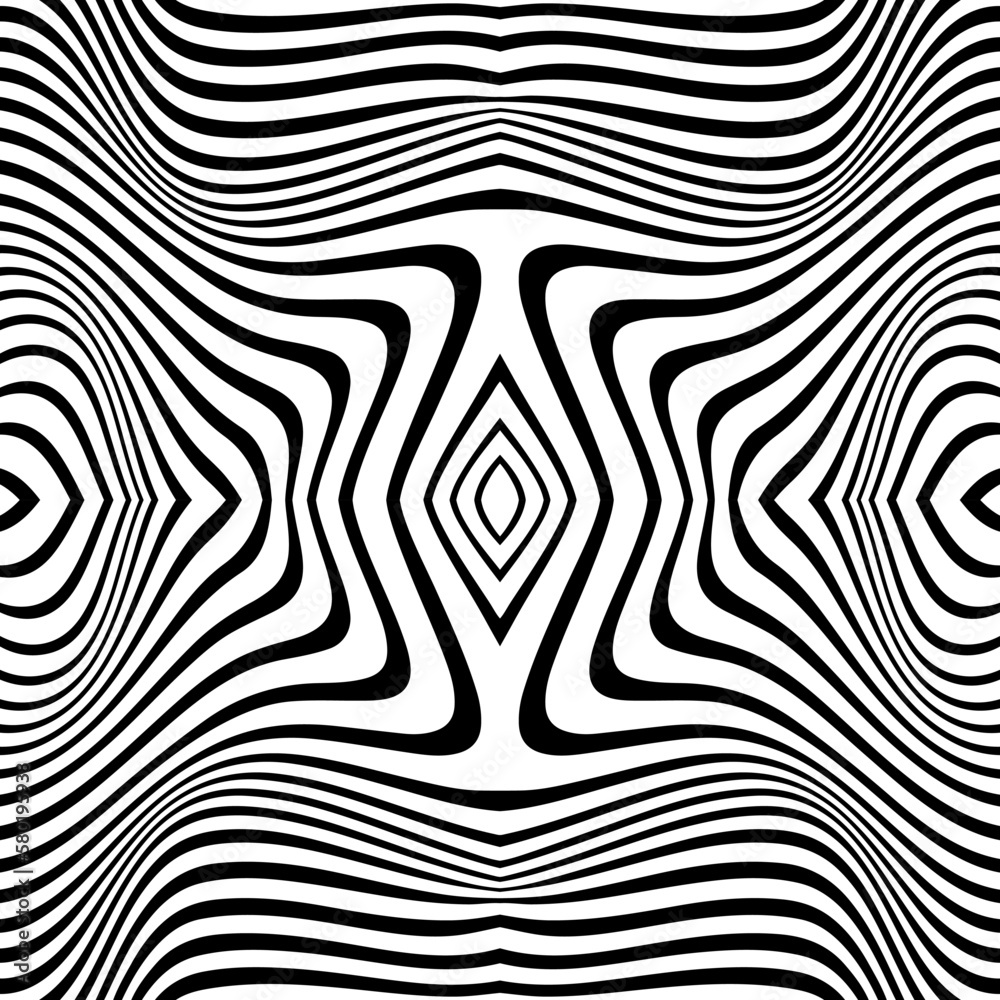 Abstract wavy psychedelic stripes. Optical illusion. Vector. Line art pattern. Trendy design element for posters, social media, logo, frames, broshure, promotion, flyer, covers, banners