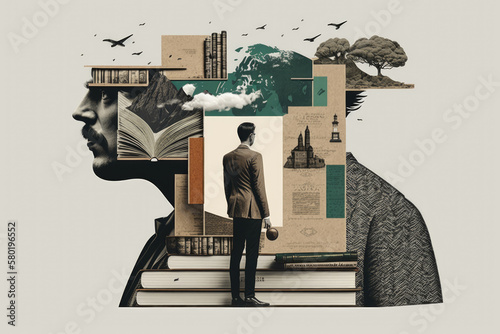 Knowledge and science man with books artistic graphic collage - Generative AI illustration