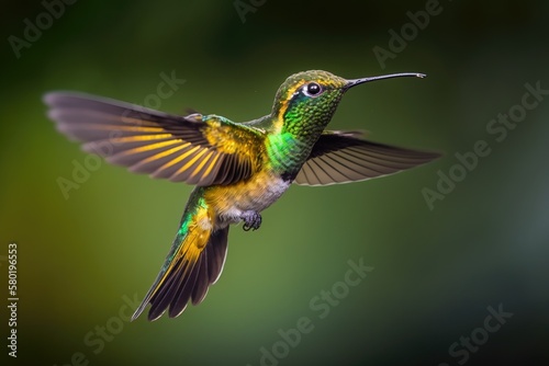Hummingbird, Golden bellied Starfrontlet (Coeligena bonapartei), with long golden tail, stunning action flight scenario with wide wings, clean green background, Chicaque Natural Park, Colombia. This k © AkuAku