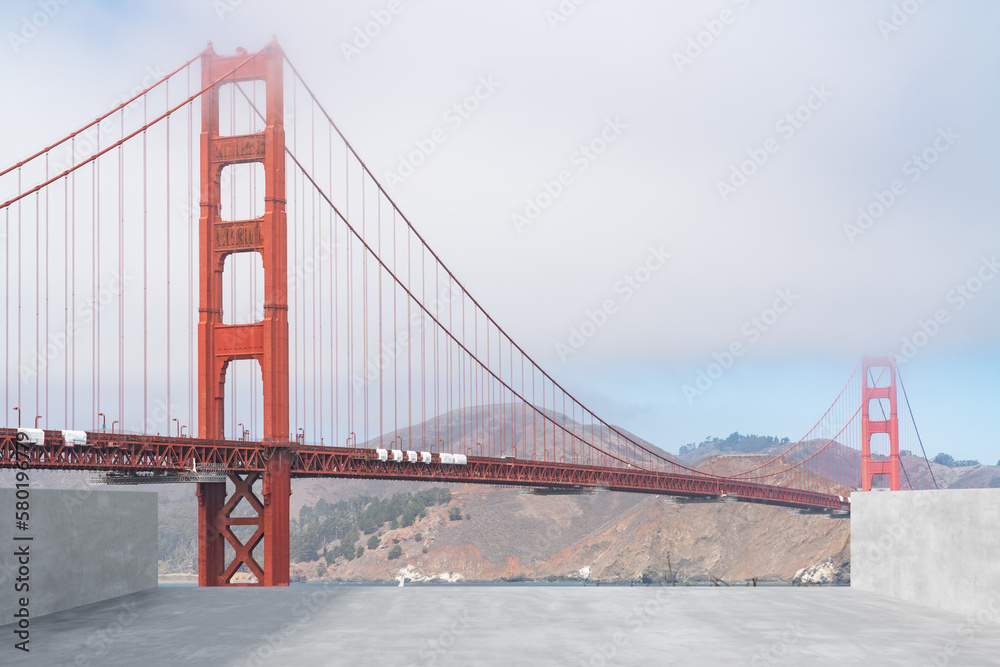 Fototapeta premium San Francisco Skyline Golden Gate bridge. Beautiful landmark. Day time. Empty rooftop View. Success concept.