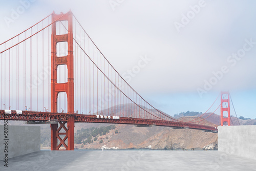 San Francisco Skyline Golden Gate bridge. Beautiful landmark. Day time. Empty rooftop View. Success concept.