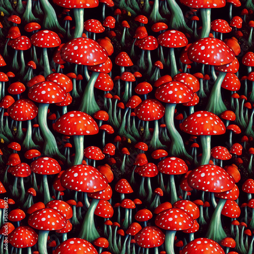 Seamless pattern with amanita muscaria mushrooms . Generated AI contemporary art.