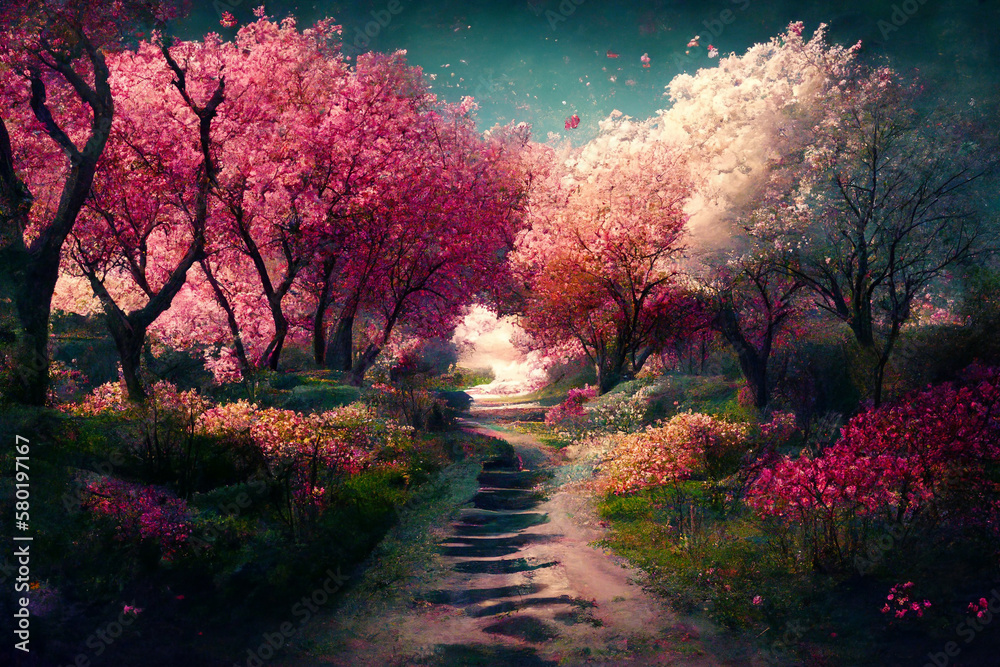 Tranquil scene depicting new life in spring with lush blossoms in relaxed natural setting.