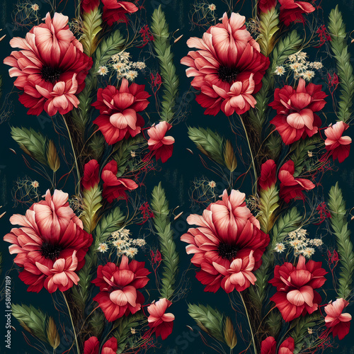 Seamless pattern with red flowers. Generated AI, edited in Photoshop