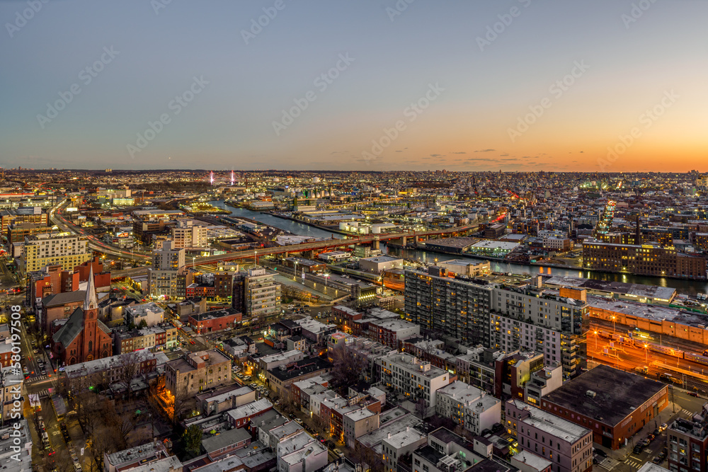 Aerial View of Long Island City and Brooklyn at Sunset