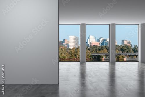 Empty room Interior Skyscrapers View. Cityscape Downtown, Arlington City Skyline Buildings from Washington. Window background. Beautiful Real Estate. White mockup wall. Day time. 3d rendering.