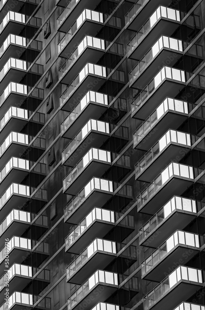 Parallel Balconies on a Black and White Building. Parallel Balconies on a Black and White Building.