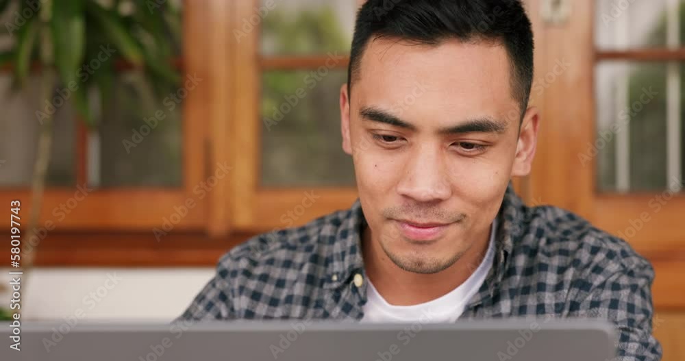 Asian man, laptop or success idea in home office or house living room for digital marketing, web design or business software. Smile, happy or motivation remote worker or freelancer with technology ux Asian man, laptop or success idea in home office or house living room for digital marketing, web design or business software. Smile, happy or motivation remote worker or freelancer with technology ux