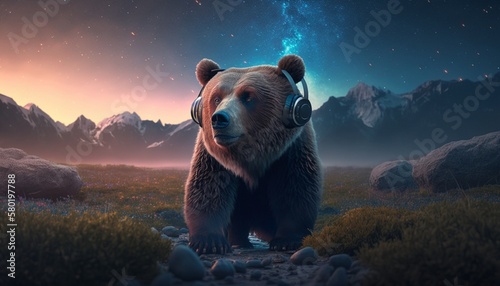 Animal with headphones , bear ,music , generative AI 