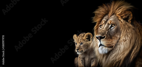 Male lion and baby cub portrait on black background.  Image created with generative ai.