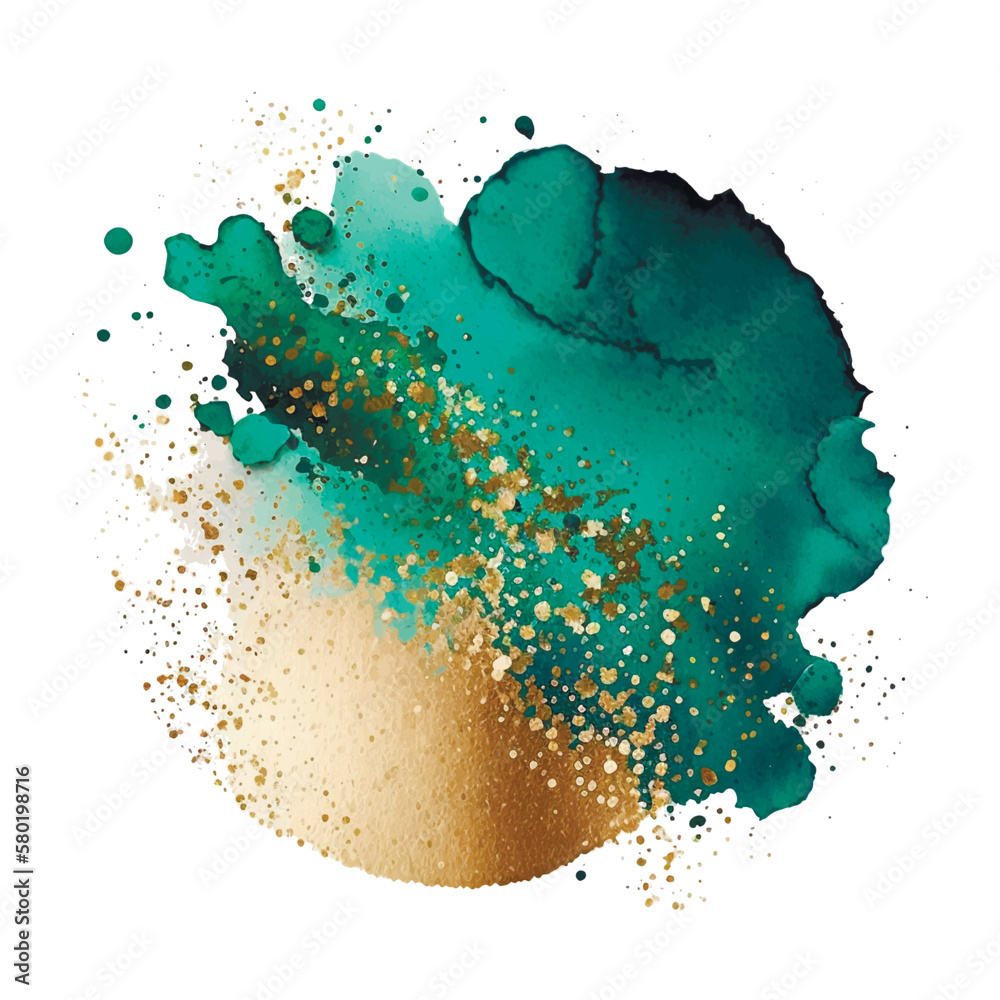 Luxury emerald green watercolor splash blot splatter stain with gold