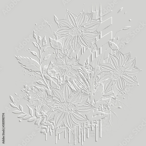 Textured white 3d bouquet of flowers abstract pattern. Emboss grunge striped surface background. Relief vector backdrop. Embossed plants, flowers, leaves, stripes, lines ornament. Grungy texture
