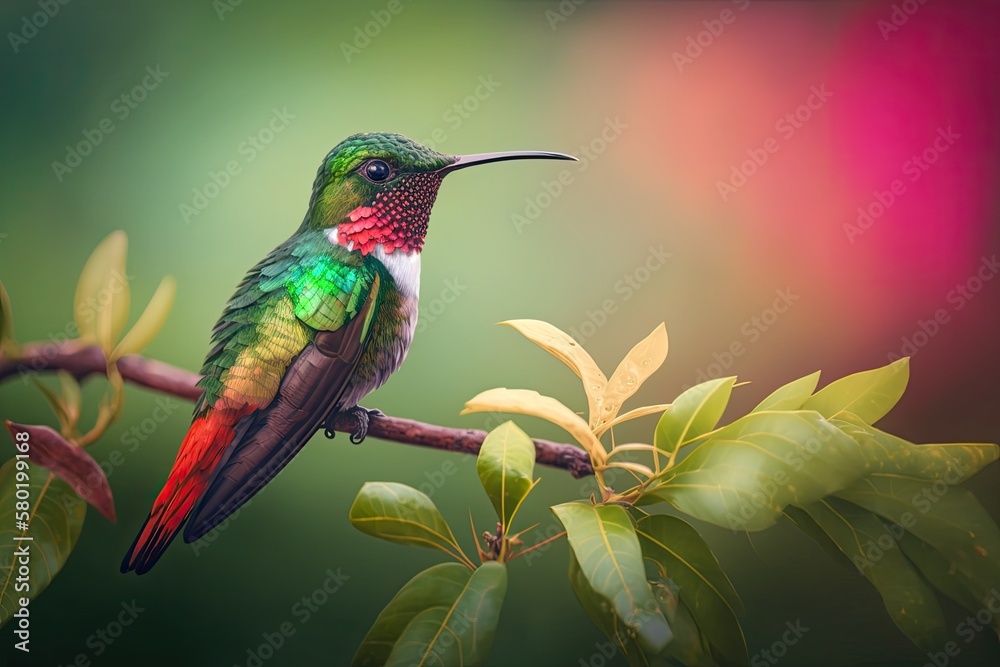Fototapeta premium Chrysolampis mosquitus, or the ruby topaz hummingbird, is a little, colorful bird. Fluttering hummingbird against a hazy green background. View of wild animals in their natural habitat. Observing bird