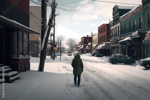 Person Walking Down Main Street of a Small Town After a Snow Storm in Abstract Style (Generative AI)