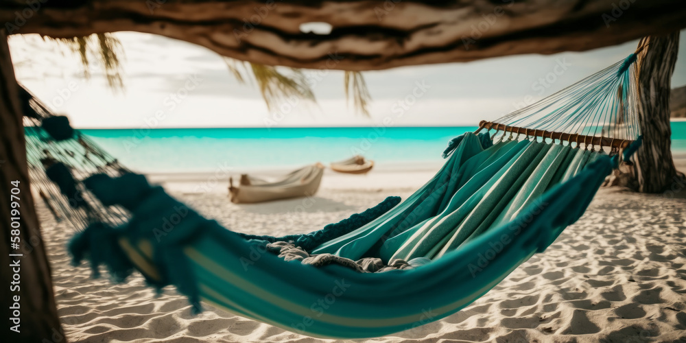 An empty hammock on a beautiful tropical beach. Relaxing, calm summer vacation. Generative ai