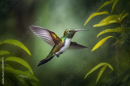 White tailed Hillstar (Urocroa bougueri), hummingbird in flight, verdant woodland environment in Montezuma, Colombia. Background a lush forest with two birds. The wild animal world. Generative AI photo