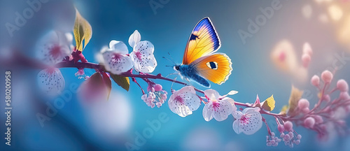 Beautiful butterfly in flight and branch of flowering apricot tree on light blue and violet background macro. Elegant artistic image nature. Banner format, copy space. by ai generative © YuDwi Studio