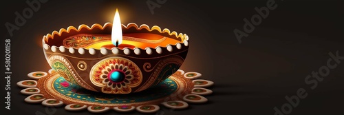 Happy Diwali - Illustration of Diwali Diya with copy space, generative ai