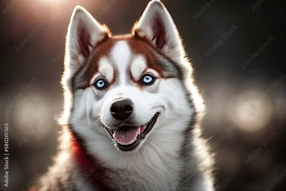 The small eyes of a Siberian Husky dog, the wide grin on its face, and the twinkling excitement in its eyes are all hallmarks of this adorable breed. White and red Siberian husky dog smiling and enjoy