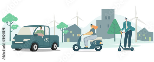Set of Eco friendly alternative ecological transportation, People choose riding to travel with vehicles, 
electric pickup, motorcycles, scooter, Environmental care concept, Vector design illustration.