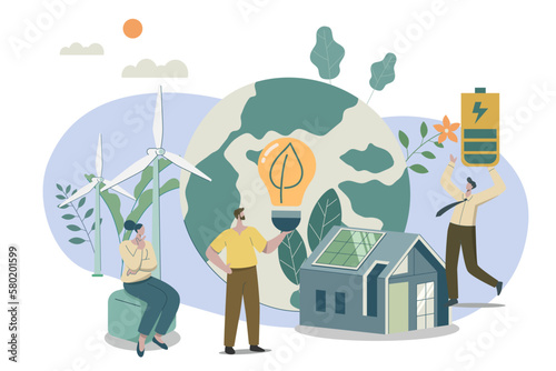 Sustainable concept, People care about planet ecology protect nature and ecology world earth day banner with technology to conserve the environment, 
Vector design illustration.