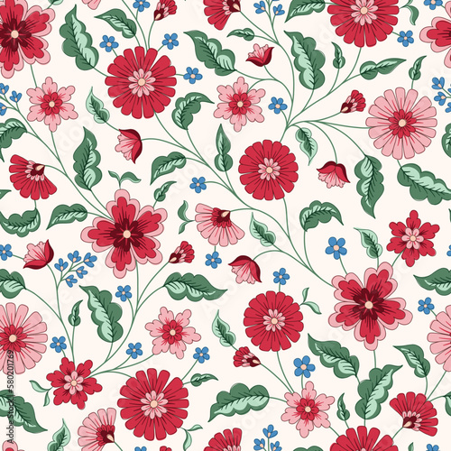 Indian Trailing Flowers Vector Seamless Pattern. Cottagecore Chintz Floral on White Background. Delicate Summer Boho Print