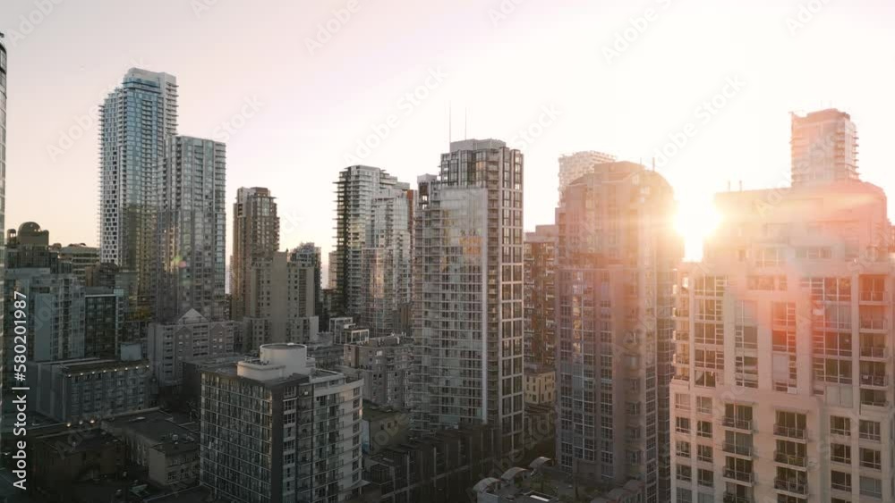 Aerial view of the skyscrapers at sunset. Vancouver, Canada. Aerial view of the skyscrapers at sunset. Vancouver, Canada.
