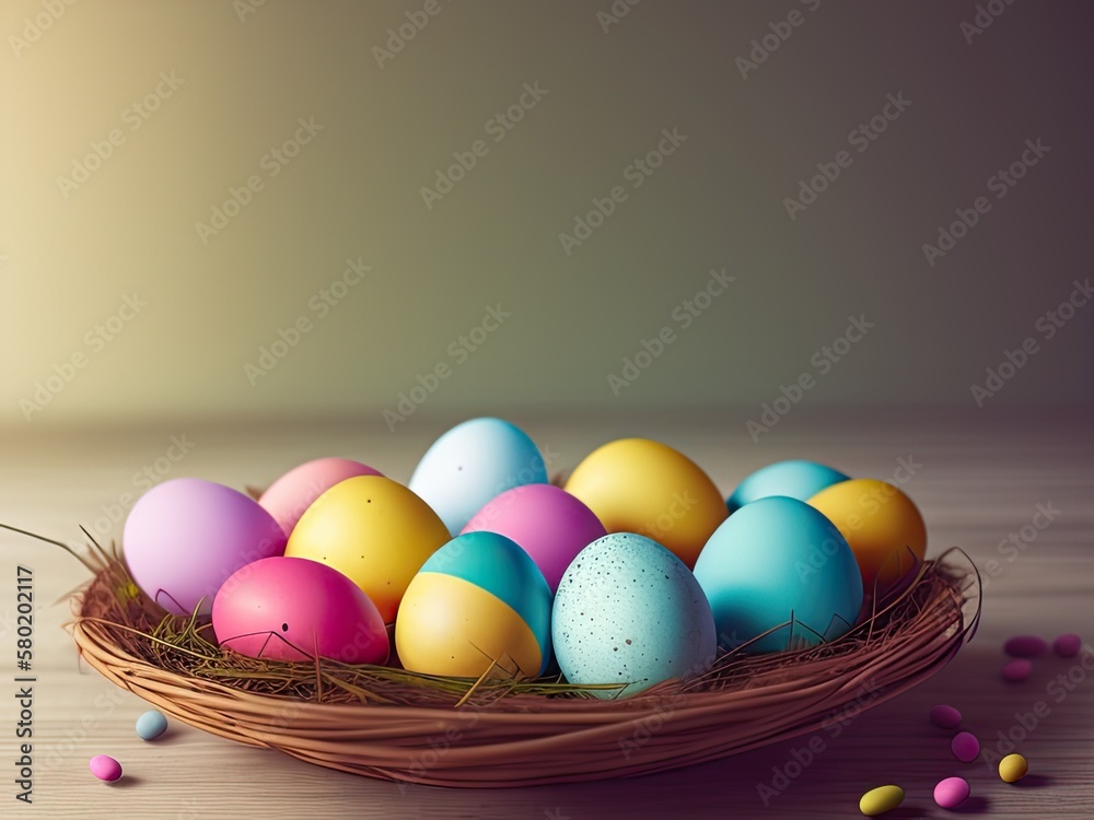 Colorful Easter Eggs in a Basket. Generative AI Colorful Easter Eggs in a Basket. Generative AI