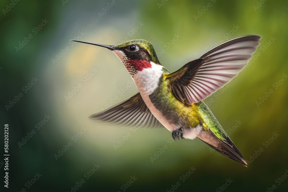 Fototapeta premium In the skies, a male Ruby throated Hummingbird is circling around. Chatham Kent, Ontario, Canada; specifically, the Rondeau Provincial Park. Generative AI