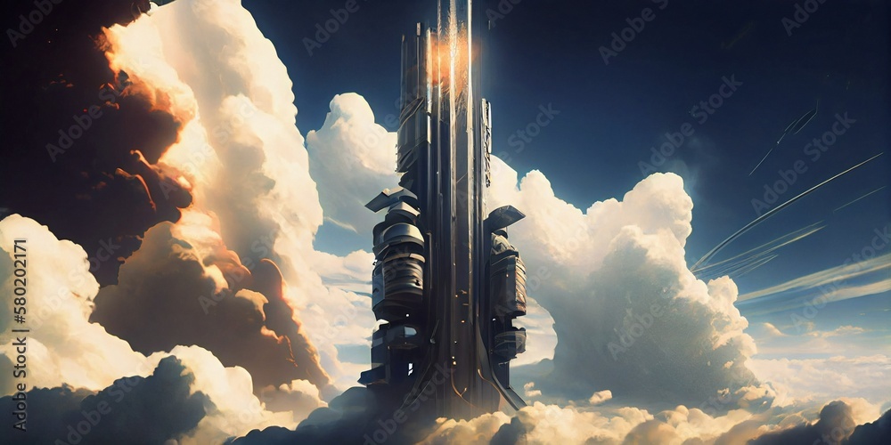 tall building middle cloudy sky riot games concept art space clouds ...