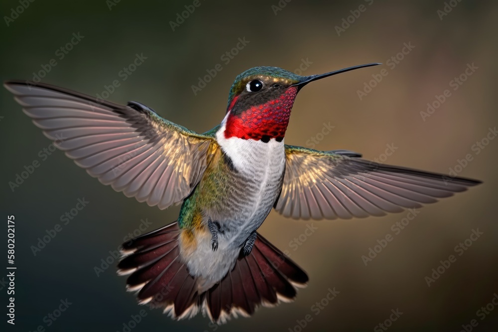 Obraz premium Fluttering male Ruby throated Hummingbird. Generative AI