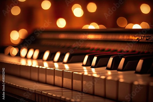 Close up of a piano keyboard with a fuzzy candlelight background. Decorate your walls with musical instruments. Generative AI