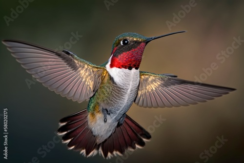 Fluttering male Ruby throated Hummingbird. Generative AI © AkuAku