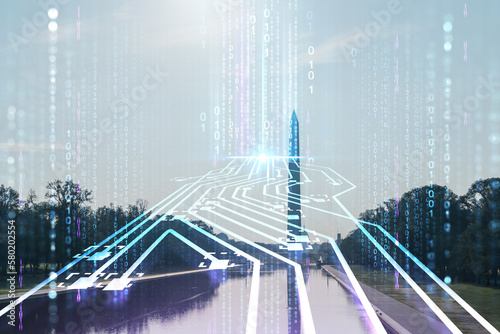 Washington Monument and the Capitol Building, Washington DC, USA. Seen from reflecting pool. Artificial Intelligence concept, hologram. AI, machine learning, neural network, robotics