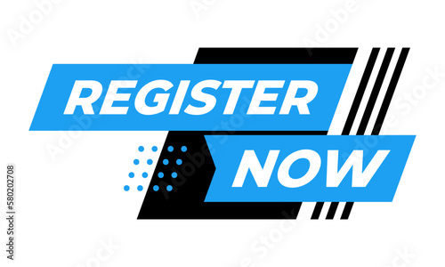 Register Now with ribbon. Modern Design Template for Sign, Icon, Logo, button, Web, Label, Banner, Registration, Join. Vector Illustration