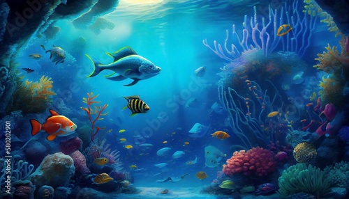 Billede på lærred underwater scene fish corals beautiful room young full color depth map blur grap