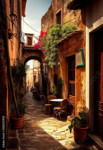 Fotobehang narrow cobblestone street tables chairs ancient corsican enchanted dreams radian